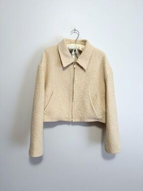 Zara Woven Cropped Bomber Jacket Ecru Cream L